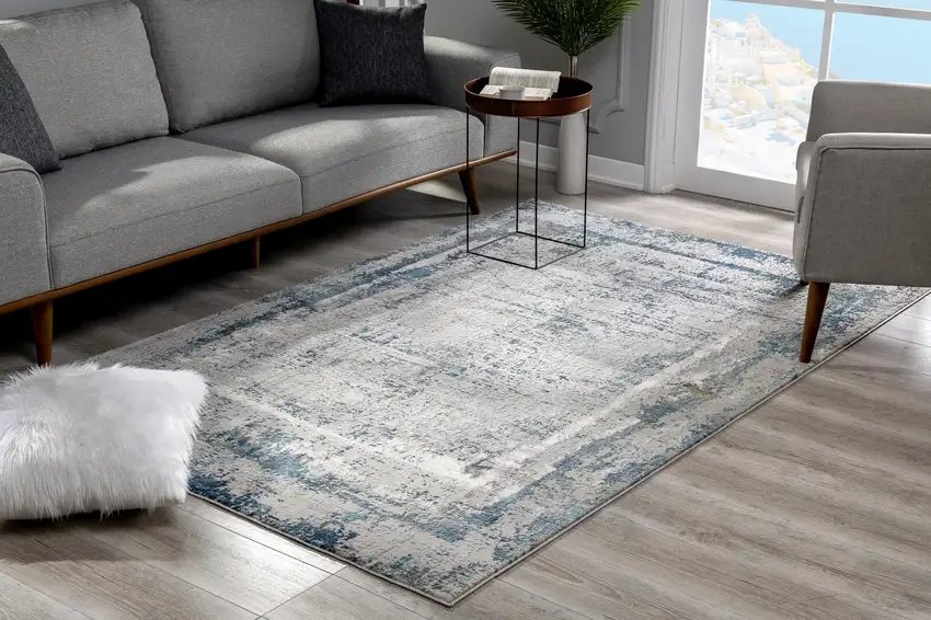 Ivory and Blue Abstract Distressed Area Rug Photo 7