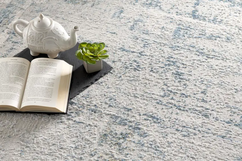 Ivory and Blue Abstract Distressed Area Rug Photo 2