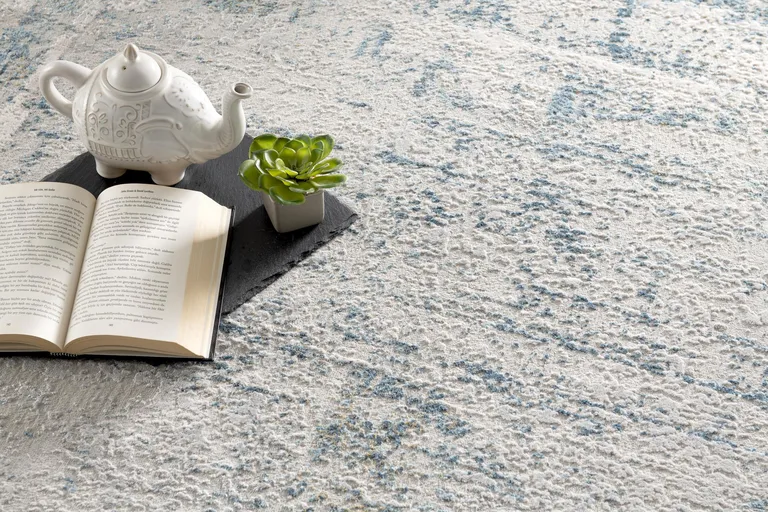 Ivory and Blue Abstract Distressed Area Rug Photo 2