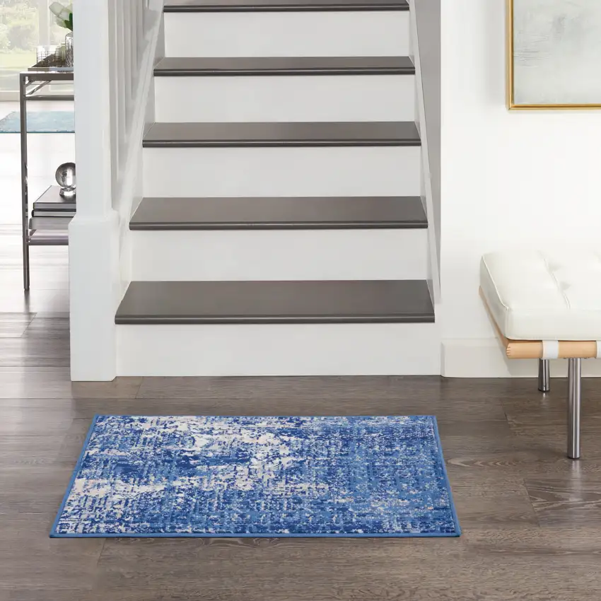 Ivory and Blue Abstract Distressed Area Rug Photo 3