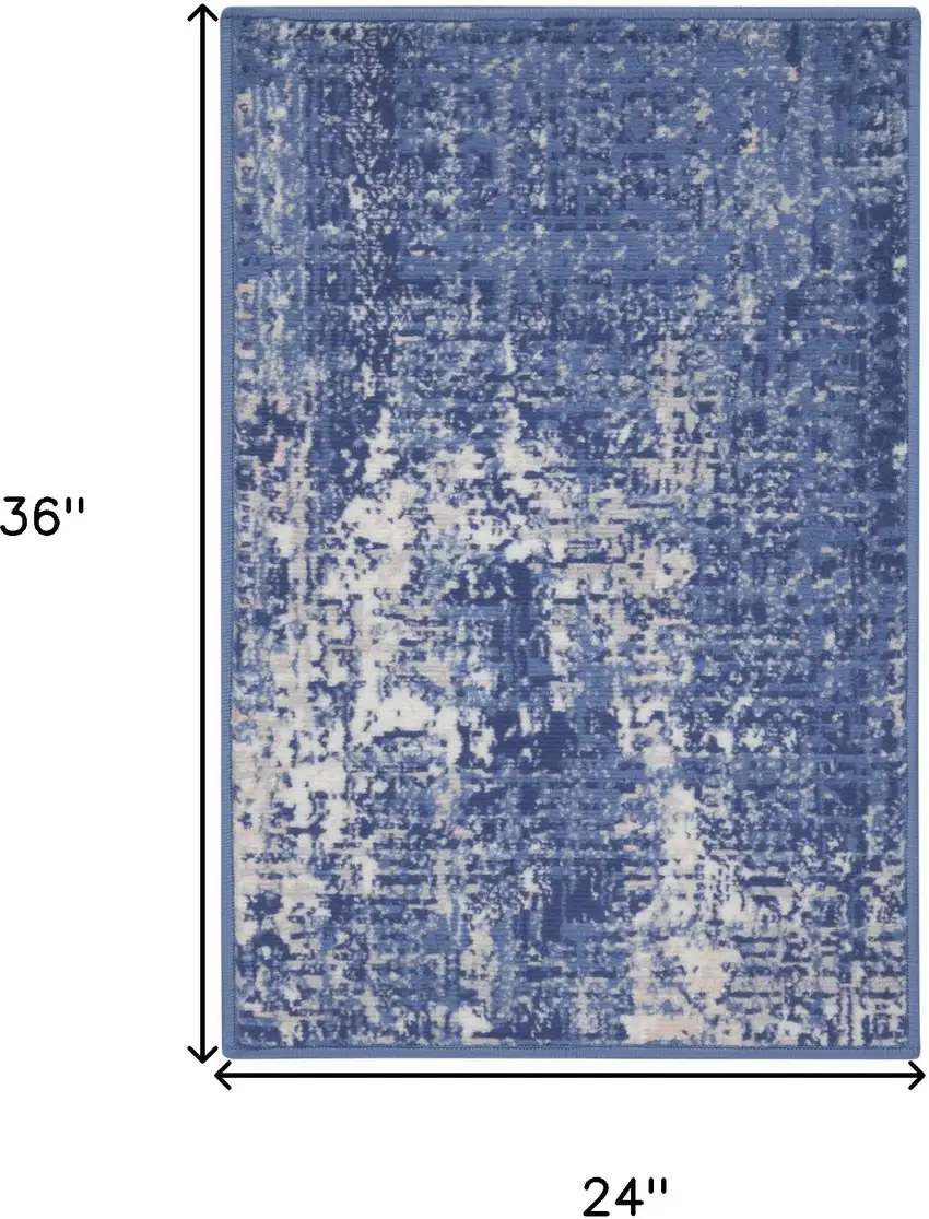 Ivory and Blue Abstract Distressed Area Rug Photo 3
