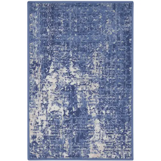 Ivory and Blue Abstract Distressed Area Rug Photo 1