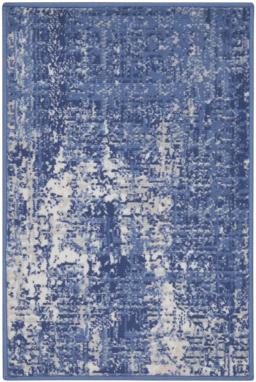 Ivory and Blue Abstract Distressed Area Rug Photo 2