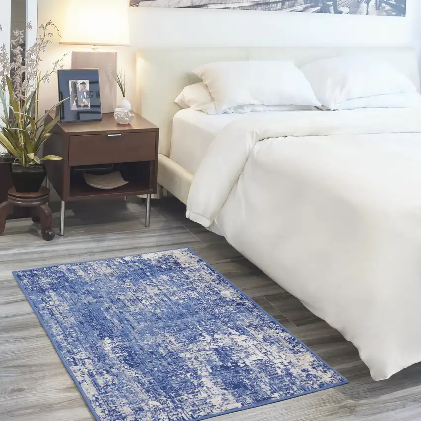 Ivory and Blue Abstract Distressed Area Rug Photo 5