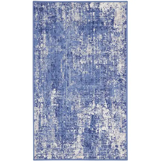 Ivory and Blue Abstract Distressed Area Rug Photo 1
