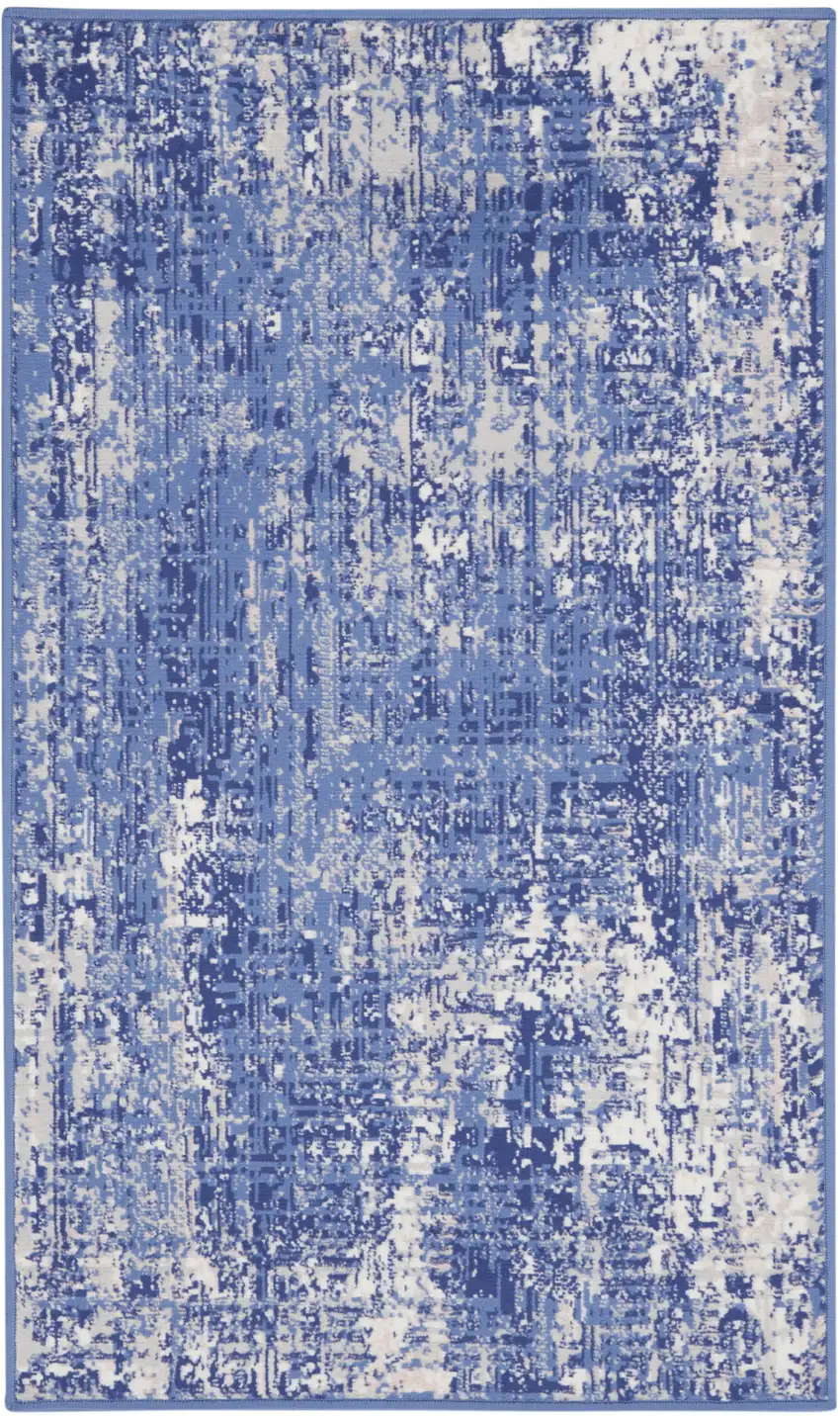 Ivory and Blue Abstract Distressed Area Rug Photo 1