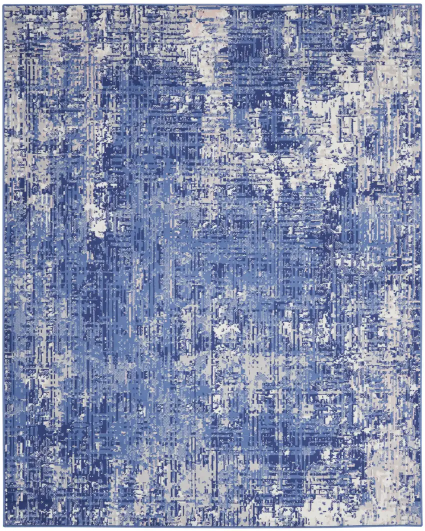 Ivory and Blue Abstract Distressed Area Rug Photo 1