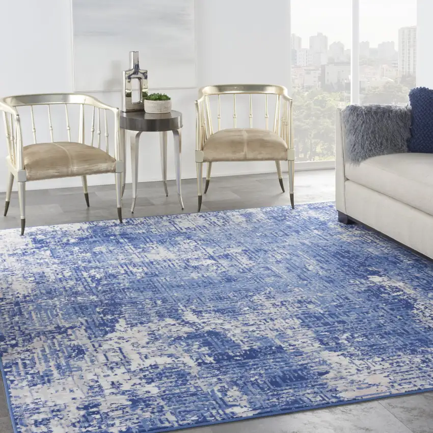 Ivory and Blue Abstract Distressed Area Rug Photo 4