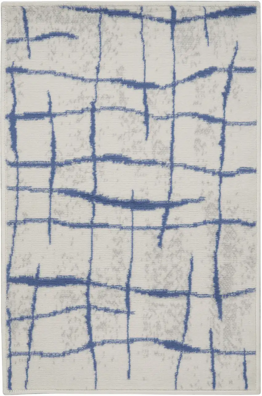 Ivory and Blue Abstract Distressed Area Rug Photo 2
