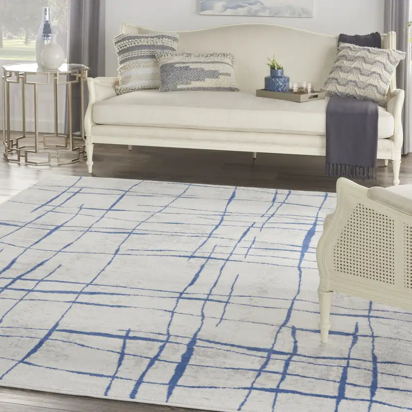 Ivory and Blue Abstract Distressed Non Skid Area Rug Photo 4
