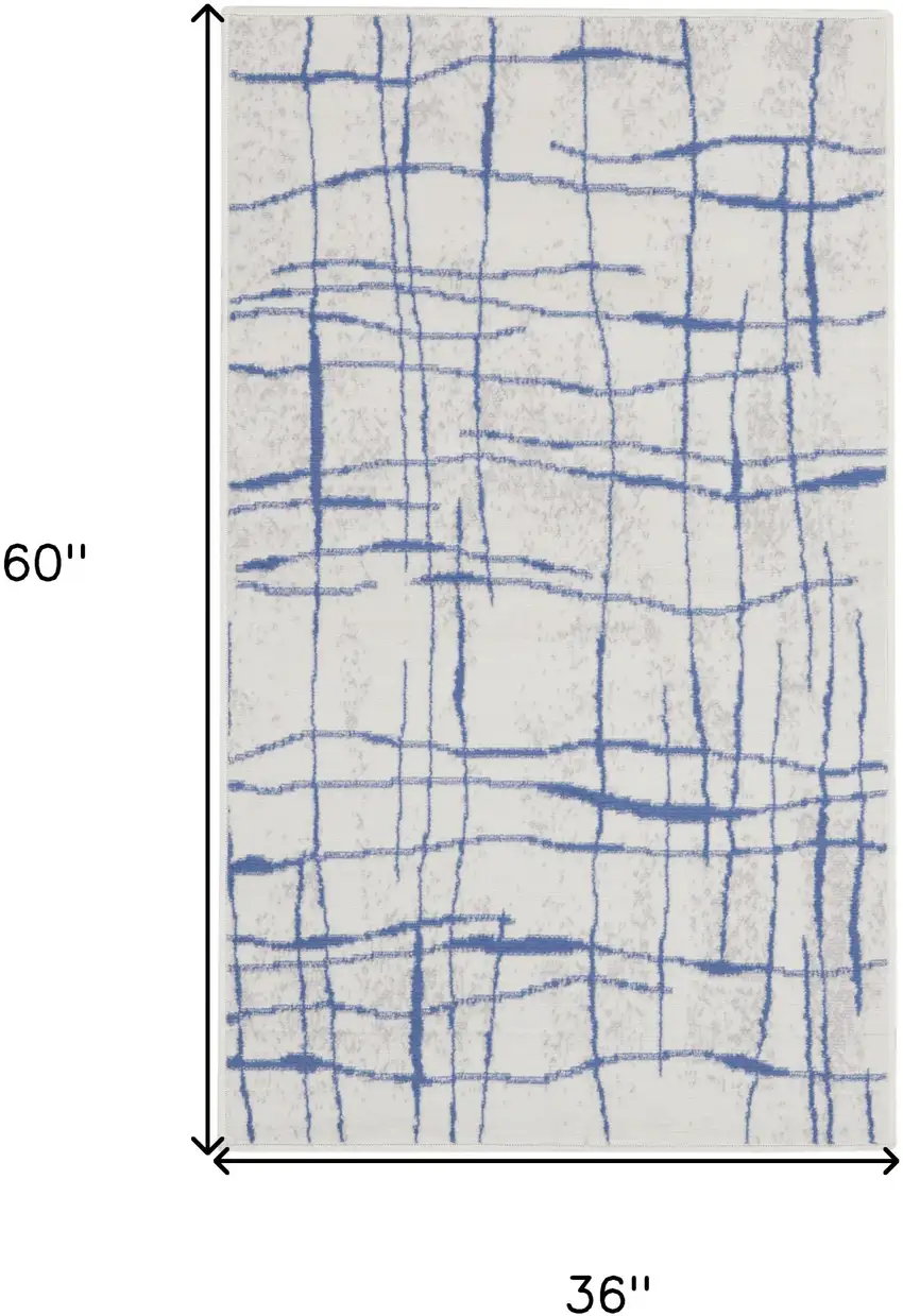 Ivory and Blue Abstract Geometric Distressed Area Rug Photo 3