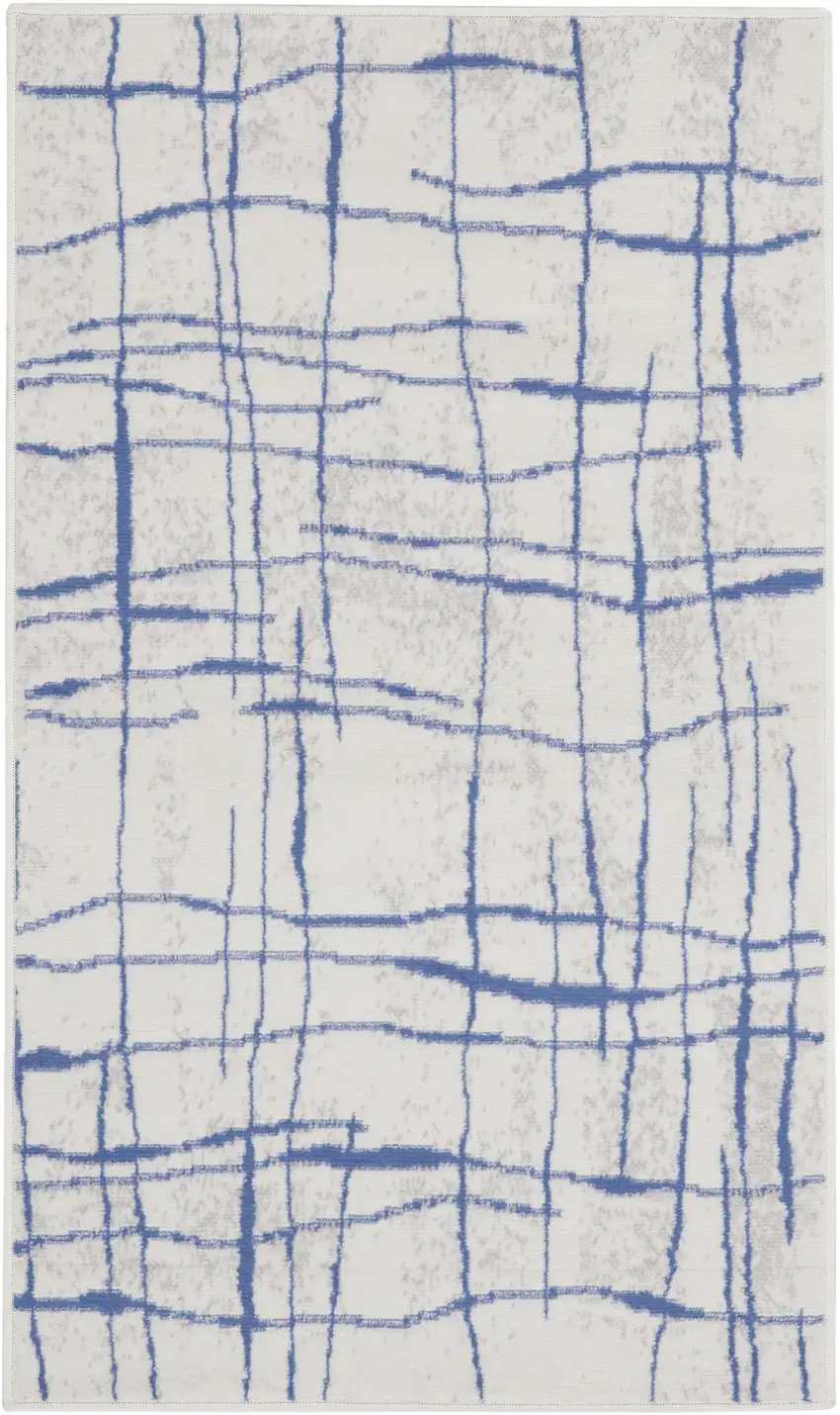 Ivory and Blue Abstract Geometric Distressed Area Rug Photo 1