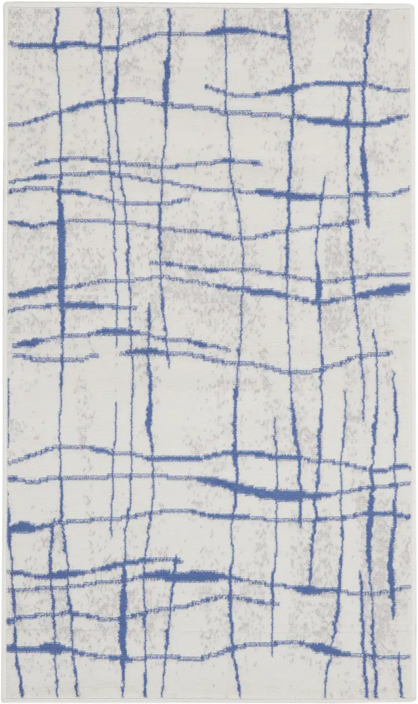 Ivory and Blue Abstract Geometric Distressed Area Rug Photo 2