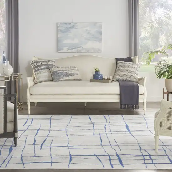 Ivory and Blue Abstract Geometric Distressed Non Skid Area Rug Photo 6