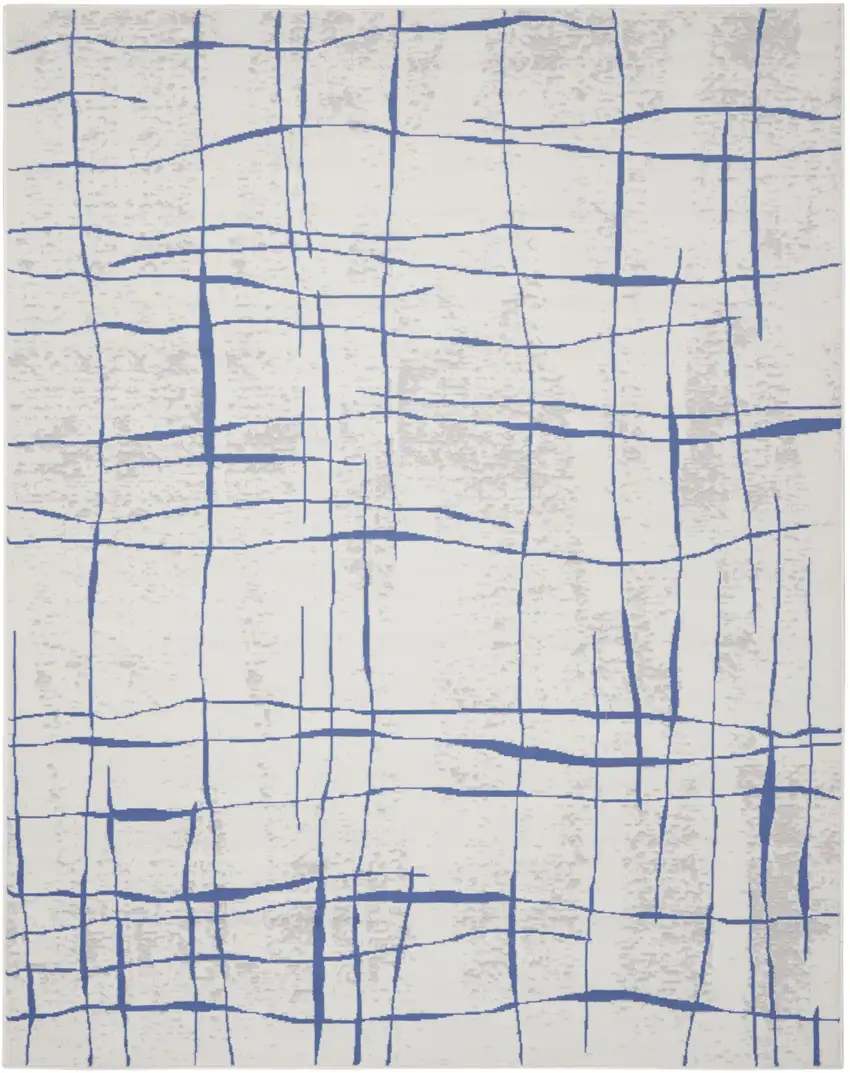 Ivory and Blue Abstract Geometric Distressed Non Skid Area Rug Photo 7