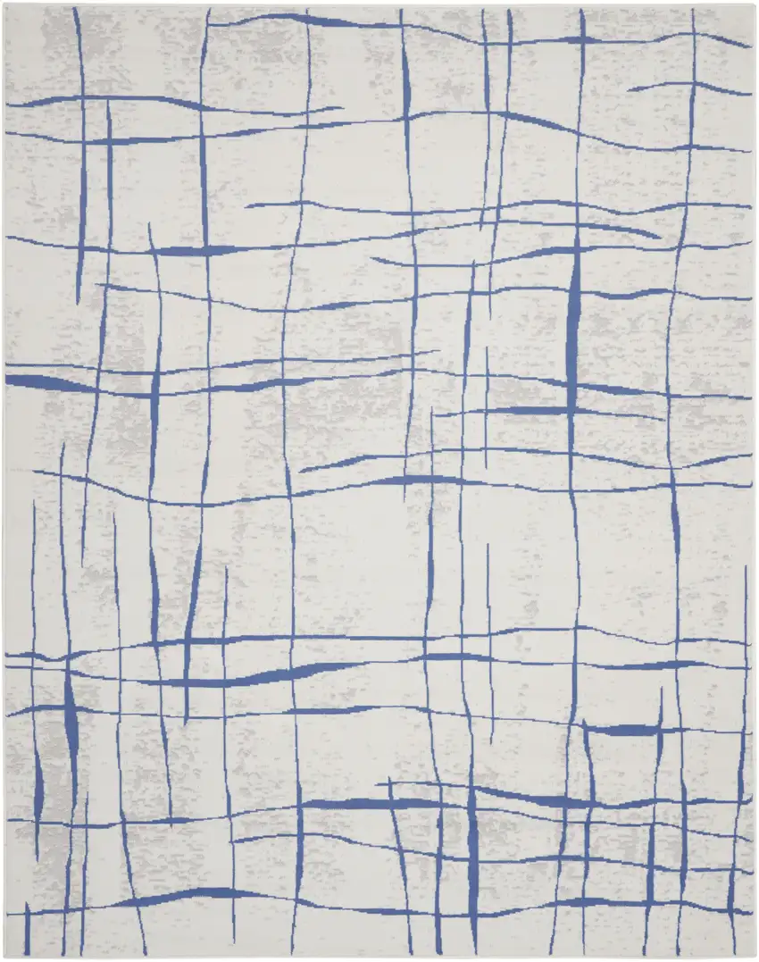 Ivory and Blue Abstract Geometric Distressed Non Skid Area Rug Photo 1