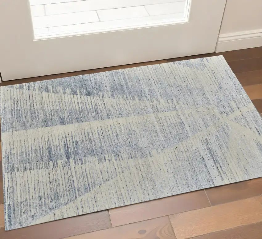 Ivory Blue And Silver Abstract Hand Knotted Distressed Area Rug Photo 1