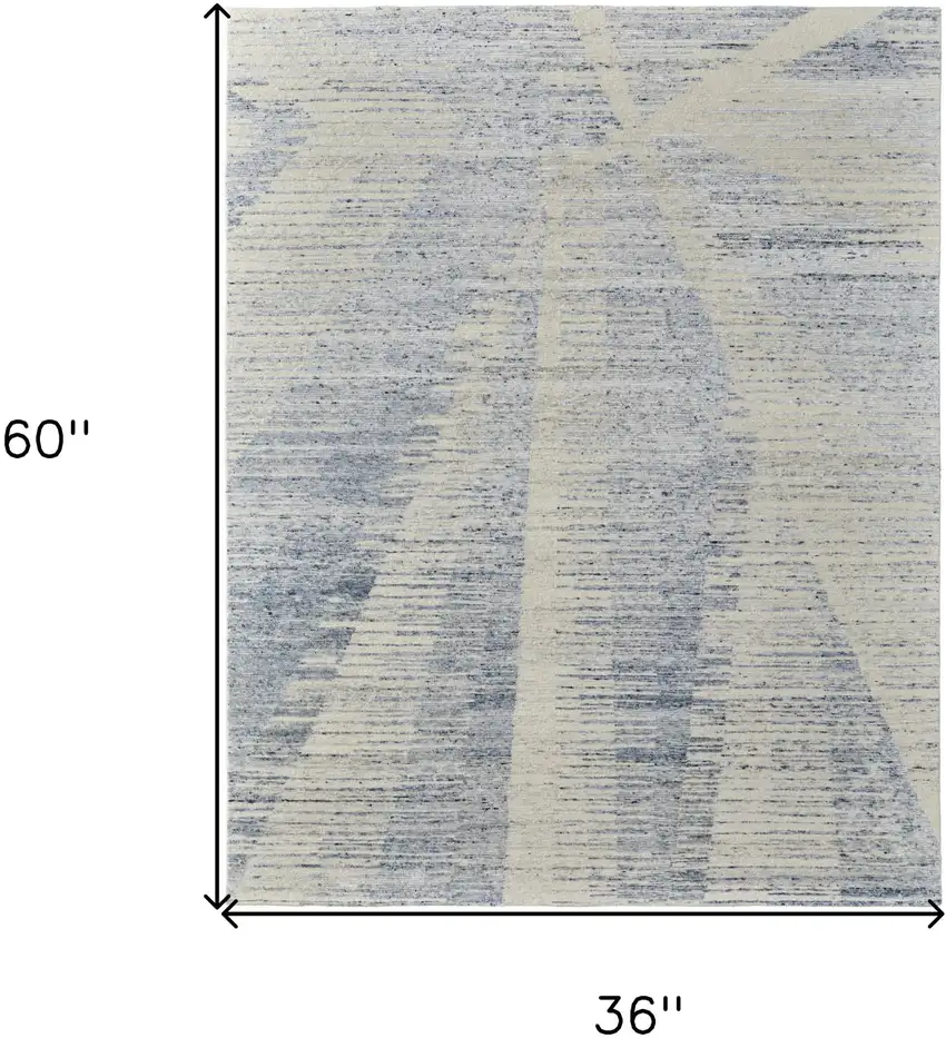 Ivory and Blue Abstract Hand Knotted Worn Faded Area Rug Photo 9