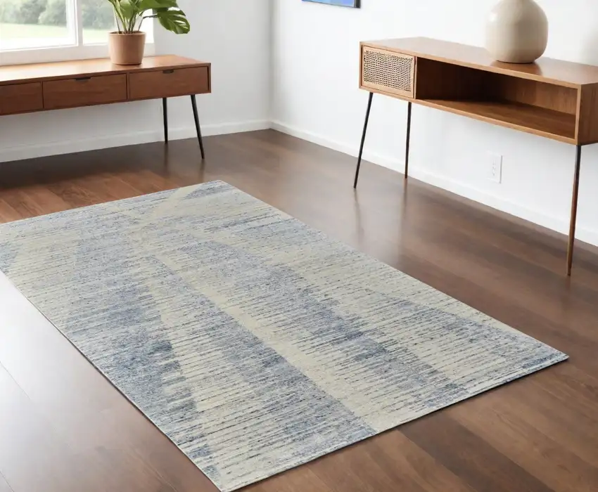 Ivory and Blue Abstract Hand Knotted Worn Faded Area Rug Photo 2