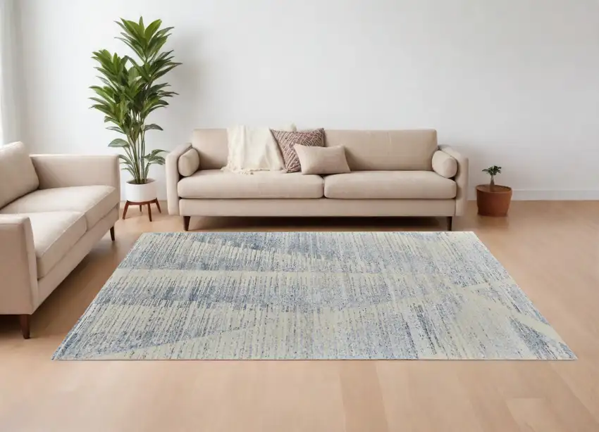 Ivory and Blue Abstract Hand Knotted Worn Faded Area Rug Photo 2
