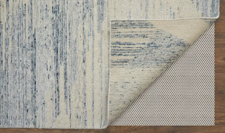 Ivory and Blue Abstract Hand Knotted Worn Faded Area Rug Photo 5
