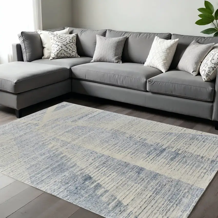 Ivory Blue And Silver Abstract Hand Knotted Distressed Area Rug Photo 1