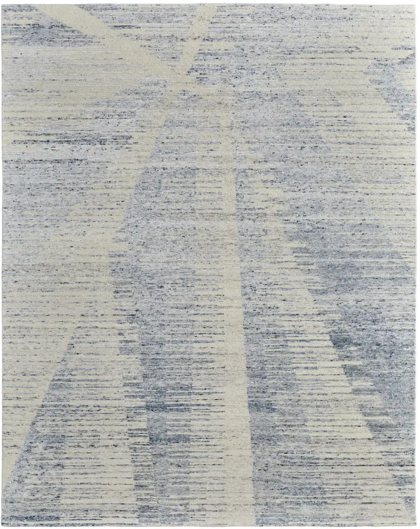 Ivory and Blue Abstract Hand Knotted Worn Faded Area Rug Photo 3