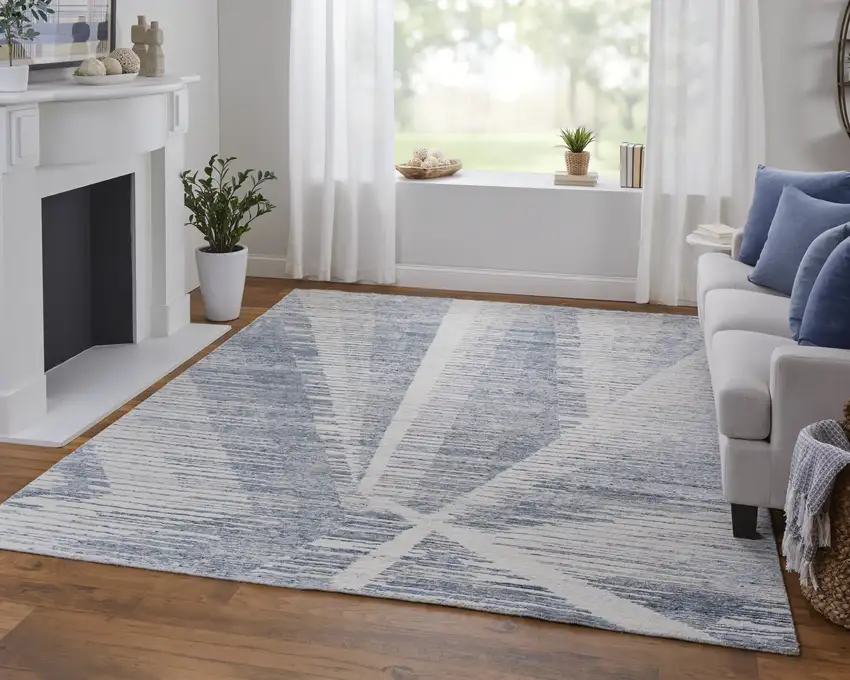 Ivory and Blue Abstract Hand Knotted Worn Faded Area Rug Photo 6
