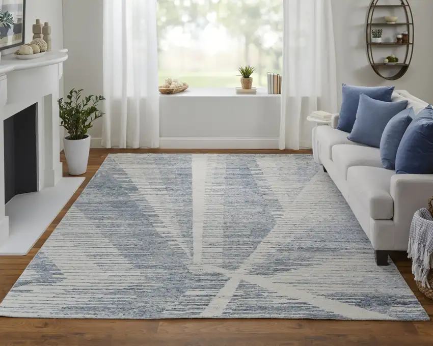 Ivory and Blue Abstract Hand Knotted Worn Faded Area Rug Photo 9