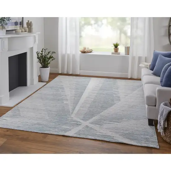 Ivory and Blue Abstract Hand Knotted Worn Faded Area Rug Photo 8