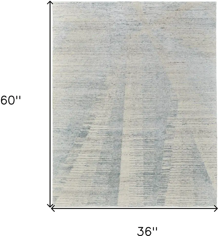 Ivory and Blue Abstract Hand Knotted Worn Faded Area Rug Photo 9