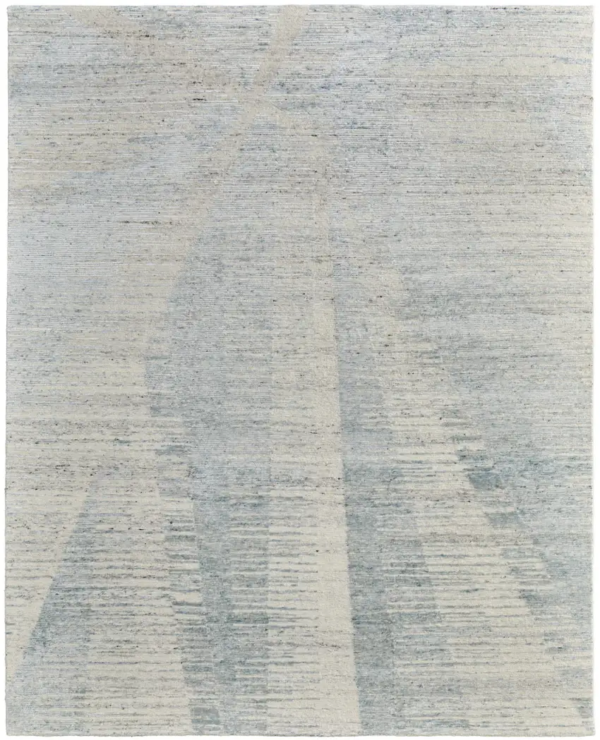 Ivory and Blue Abstract Hand Knotted Worn Faded Area Rug Photo 4