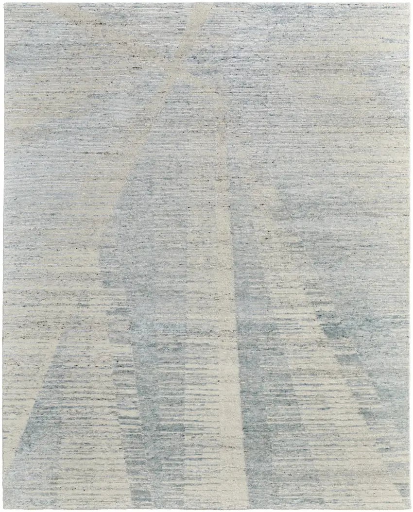 Ivory and Blue Abstract Hand Knotted Worn Faded Area Rug Photo 5