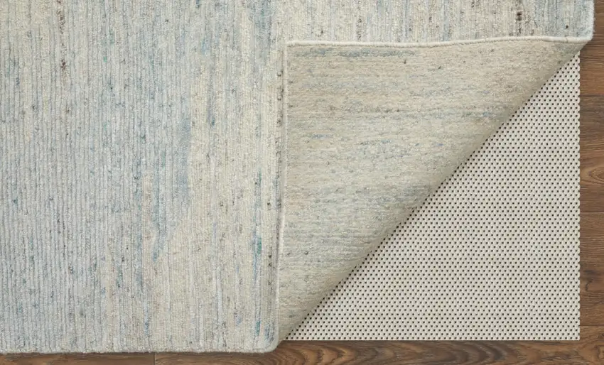 Ivory and Blue Abstract Hand Knotted Worn Faded Area Rug Photo 6