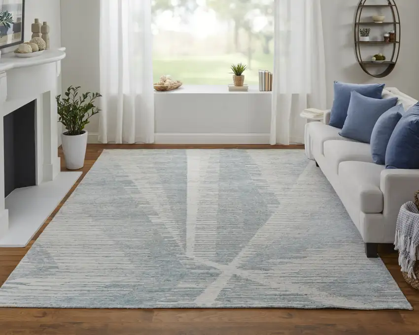 Ivory and Blue Abstract Hand Knotted Worn Faded Area Rug Photo 8