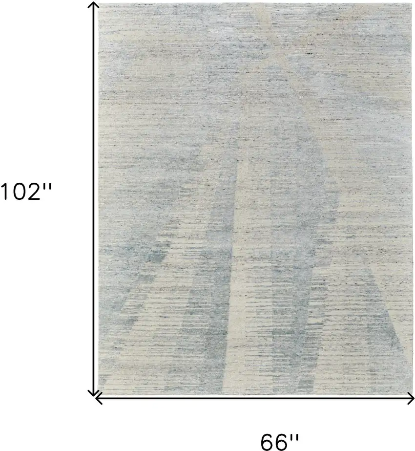 Ivory and Blue Abstract Hand Knotted Worn Faded Area Rug Photo 3