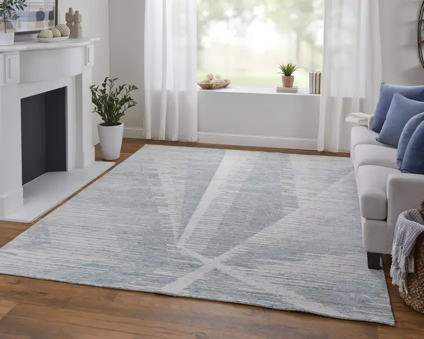 Ivory and Blue Abstract Hand Knotted Worn Faded Area Rug Photo 7
