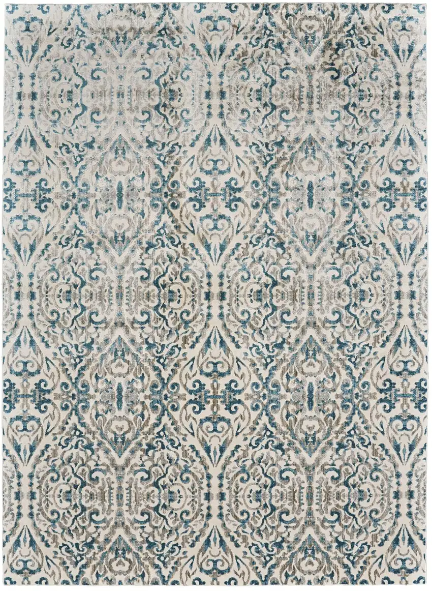 Ivory and Blue Abstract Power Loom Area Rug Photo 4