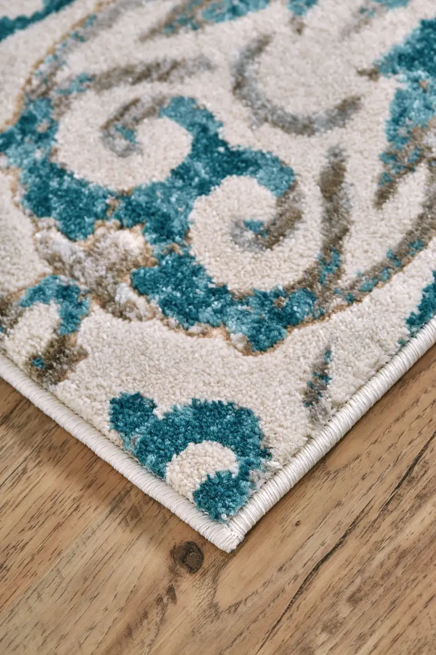 Ivory and Blue Abstract Power Loom Area Rug Photo 9