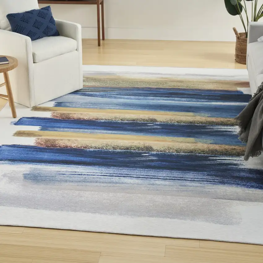 Ivory and Blue Abstract Power Loom Washable Non Skid Area Rug Photo 6
