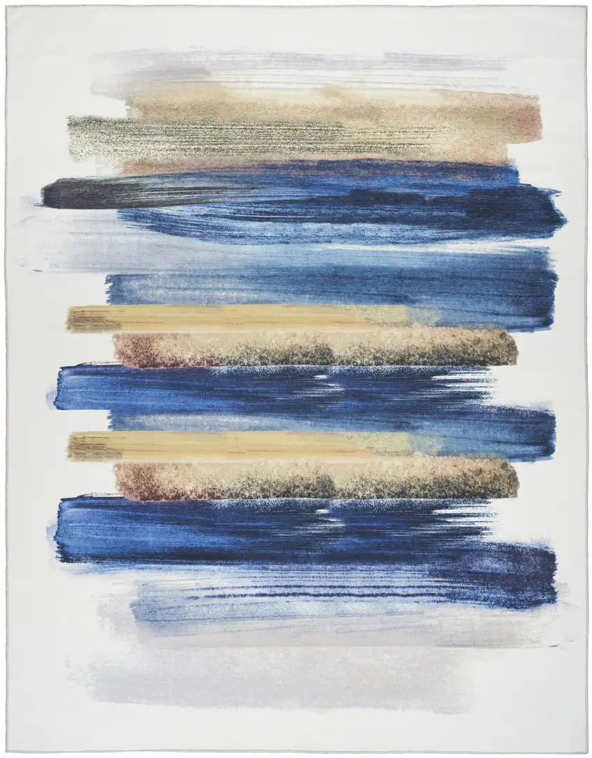 Ivory and Blue Abstract Power Loom Washable Non Skid Area Rug Photo 1