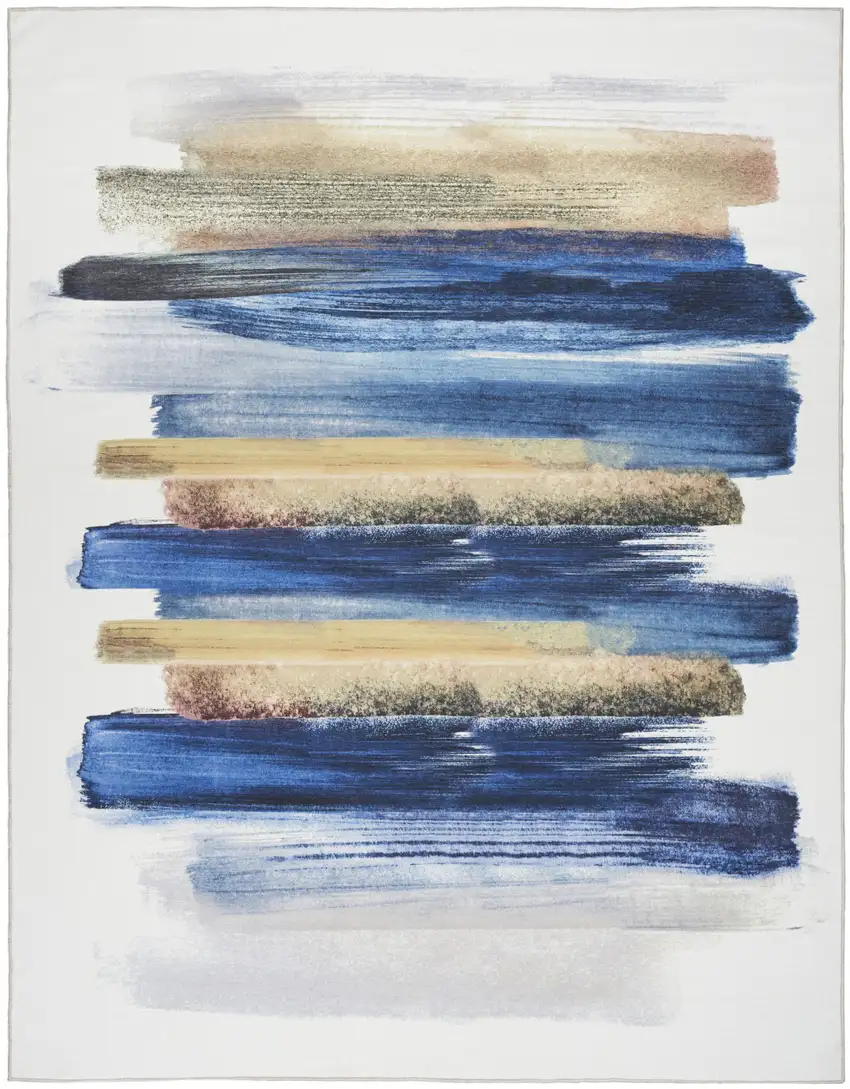 5' X 7' Ivory and Blue Abstract Power Loom Washable Non Skid Area Rug Photo 4