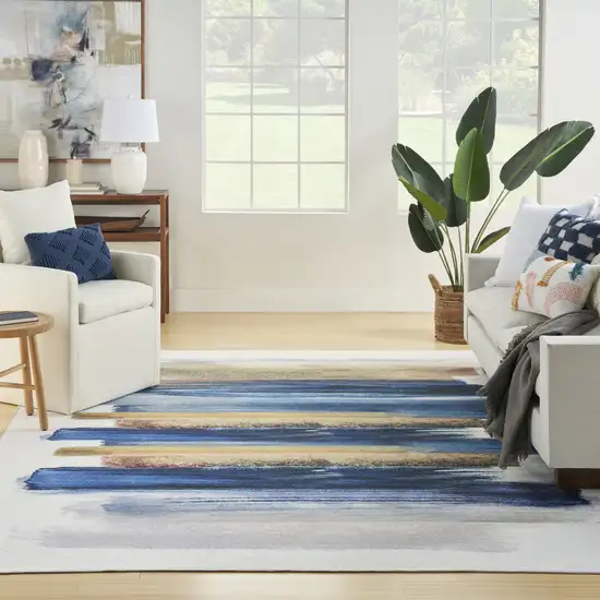 Ivory and Blue Abstract Power Loom Washable Non Skid Area Rug Photo 5