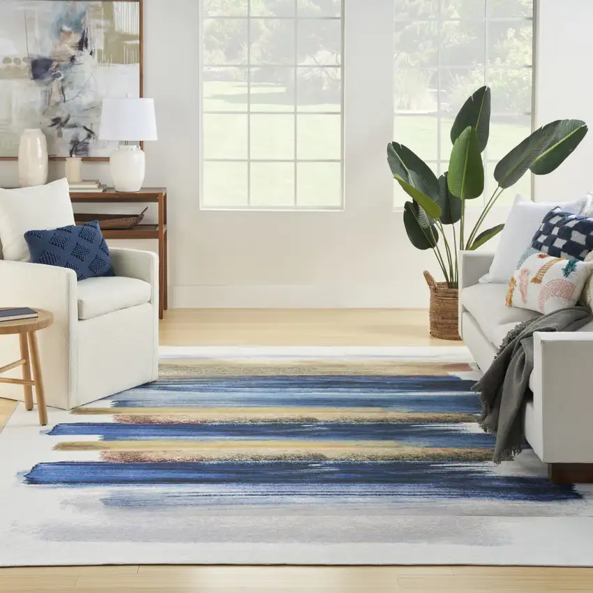 Ivory and Blue Abstract Power Loom Washable Non Skid Area Rug Photo 5