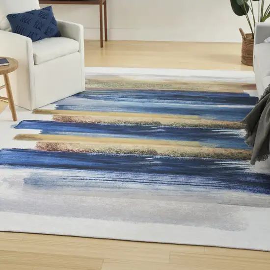 Ivory and Blue Abstract Power Loom Washable Non Skid Area Rug Photo 4