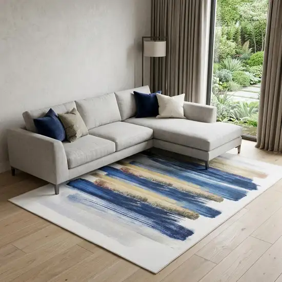 Ivory and Blue Abstract Power Loom Washable Non Skid Area Rug Photo 1
