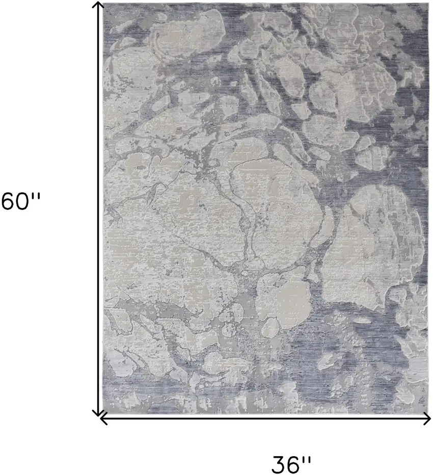 Ivory and Blue Abstract Power Loom Worn Faded Area Rug Photo 3