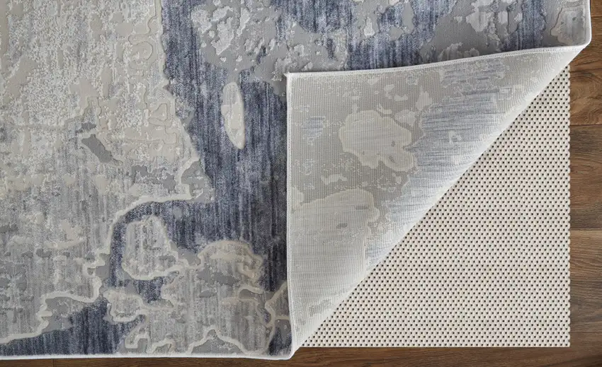 Ivory and Blue Abstract Power Loom Worn Faded Area Rug Photo 5
