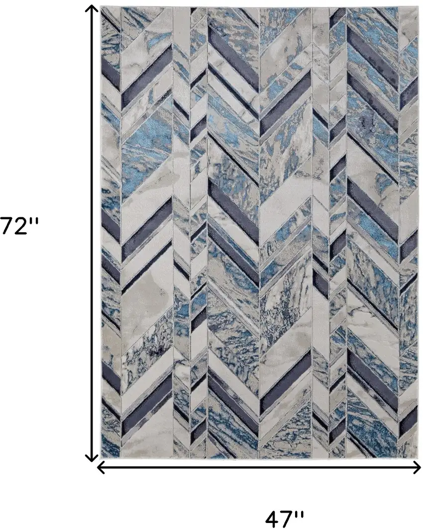 Ivory and Blue Chevron Power Loom Distressed Area Rug Photo 3