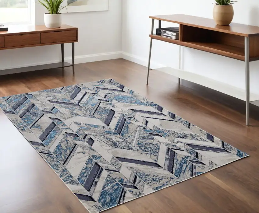 Ivory and Blue Chevron Power Loom Distressed Area Rug Photo 1